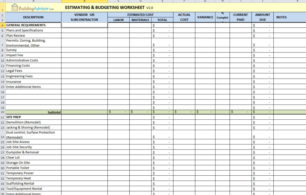 Free Estimating Template for Building &  Remodeling