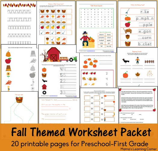 Free Fall Worksheet Packet for Preschool-First Grade