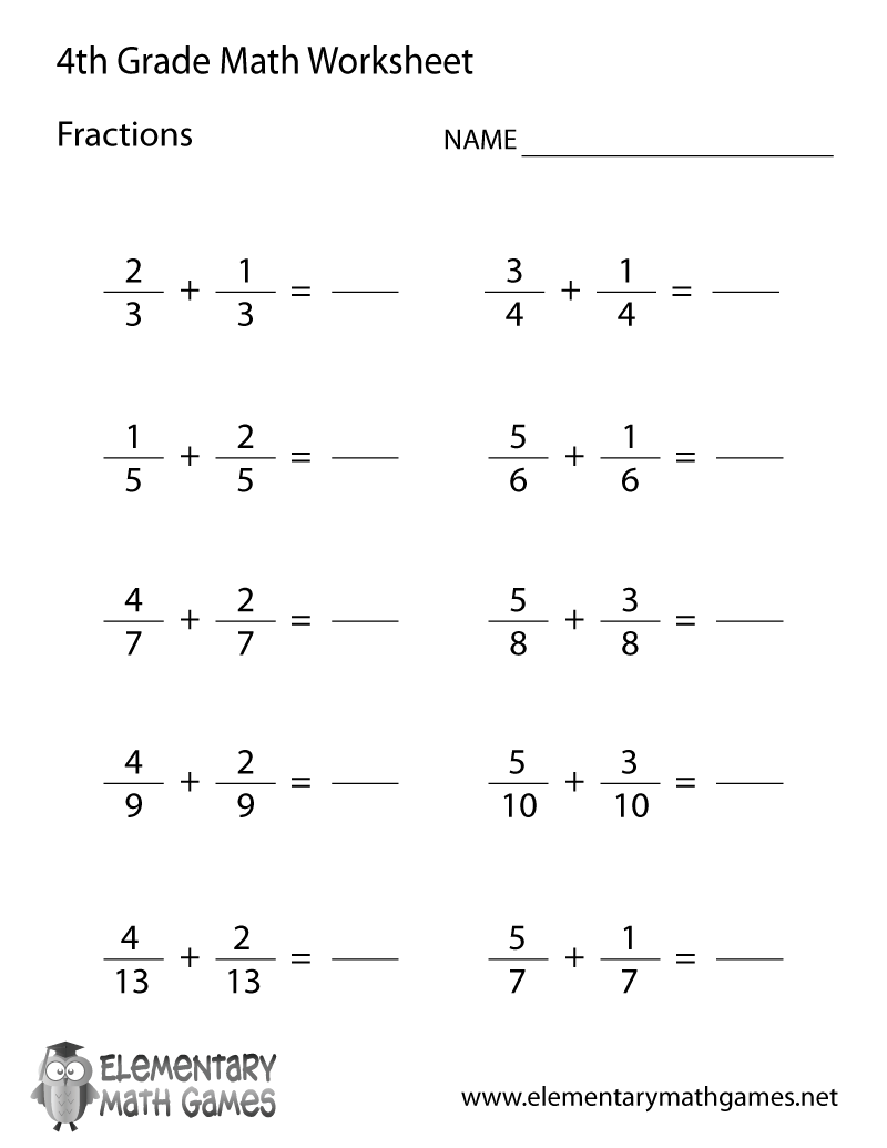 Free Printable Learning Fractions Worksheet for Fourth Grade