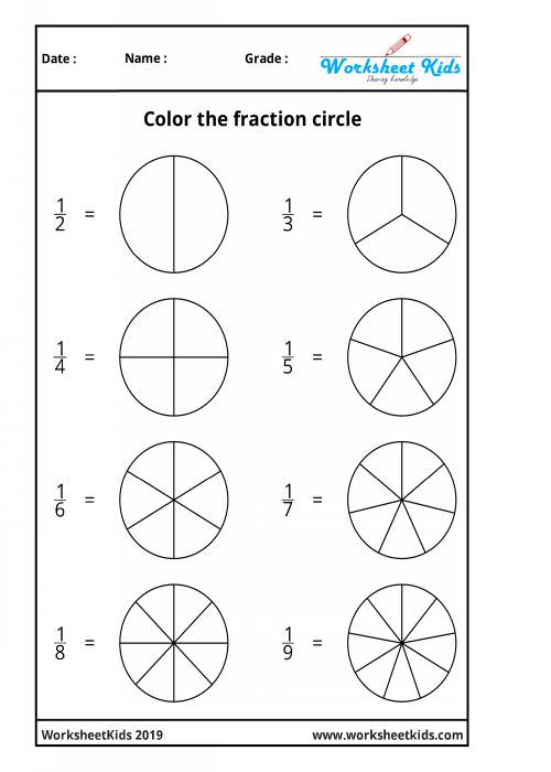 Fraction circles coloring printable worksheets | 3rd | 4th | 5th ...