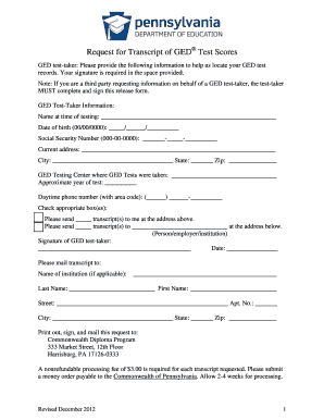 Fillable Online eastern Request for GED Transcript with PDE ...