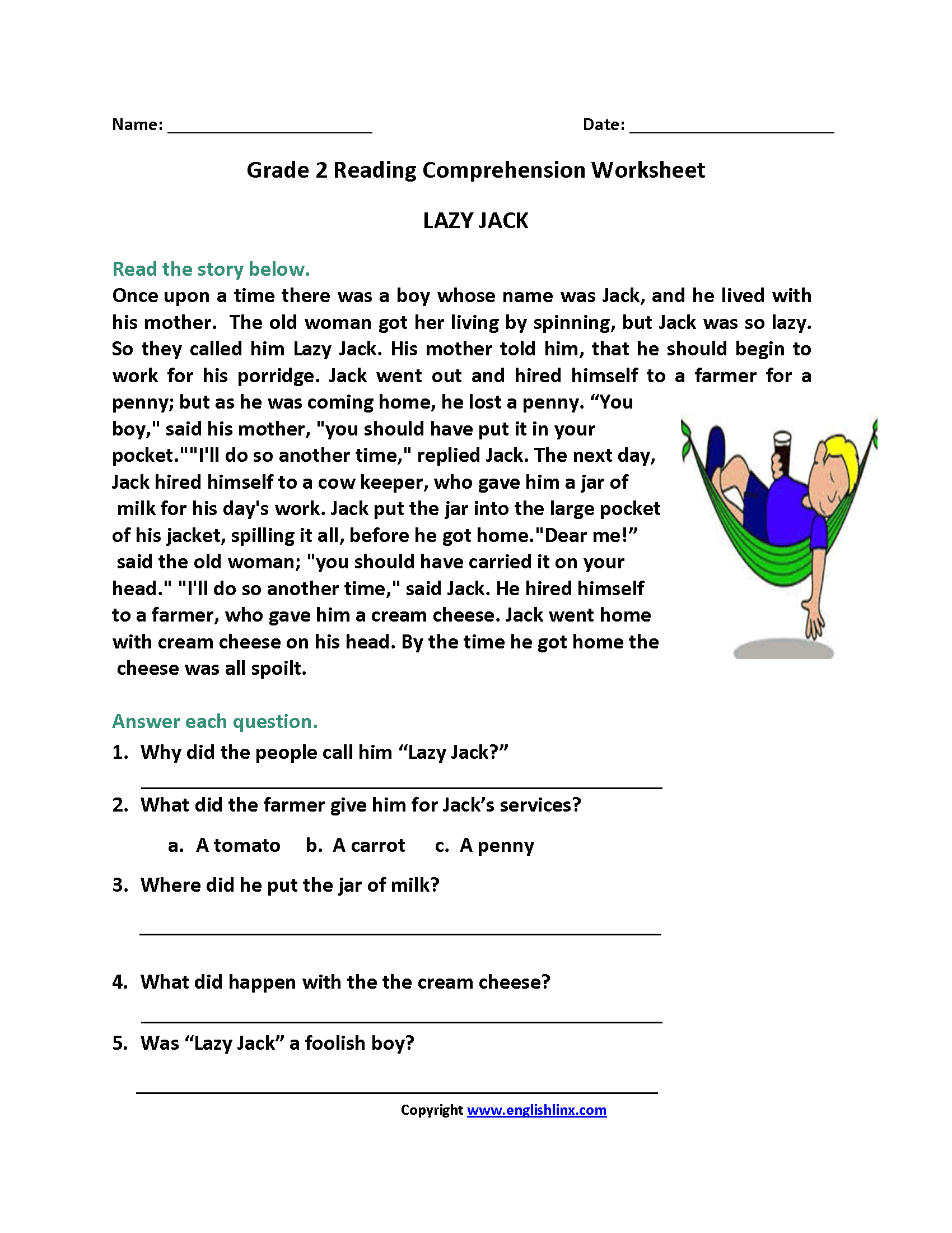 free grade 2 reading comprehension worksheet