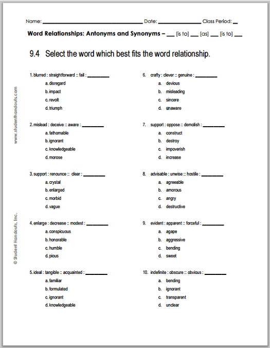 Grade 9 Verbal Reasoning Worksheet #4 | Student Handouts
