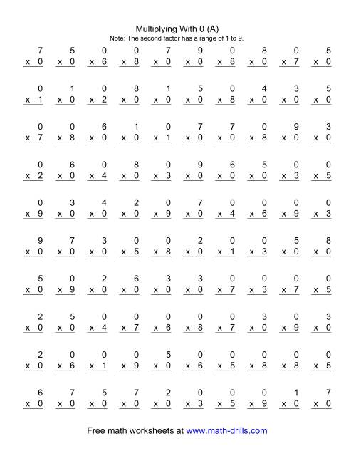 100 Vertical Questions -- Multiplication Facts -- 0 by 1-9 (A)
