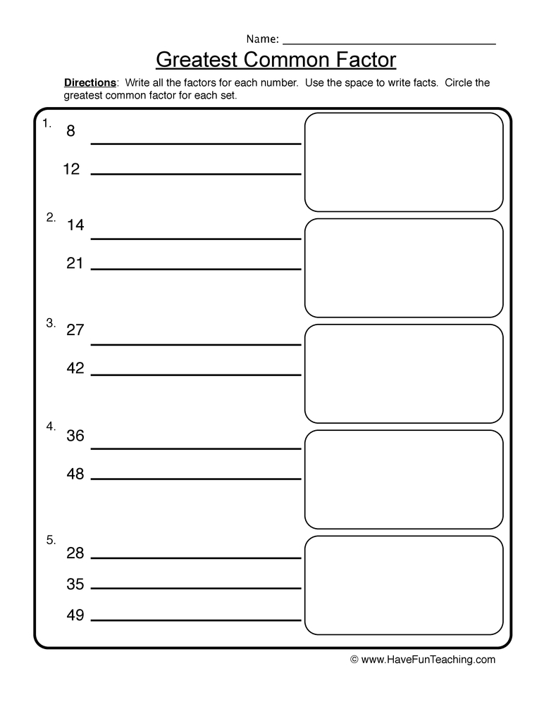 Greatest Common Factor Worksheet  