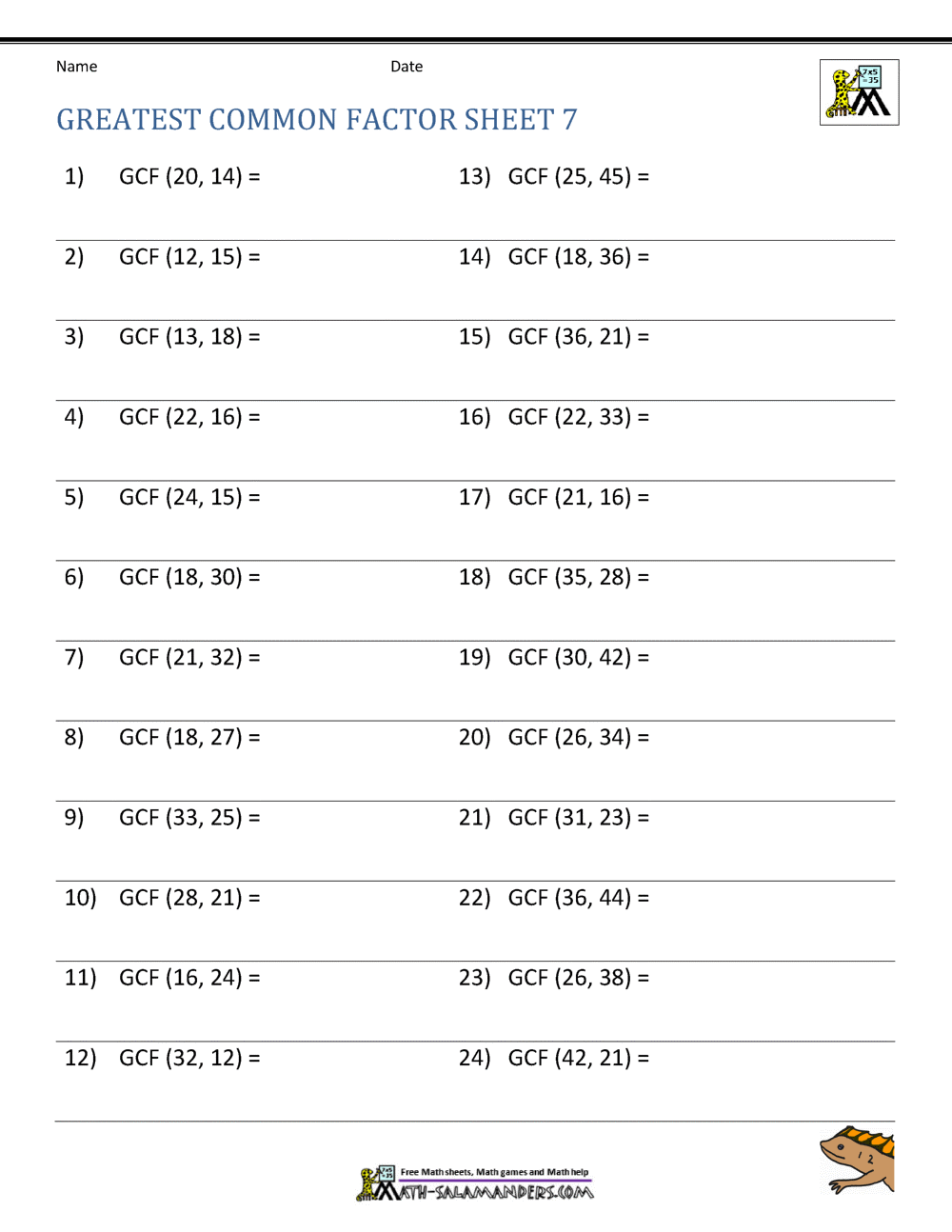 free greatest common factor worksheet