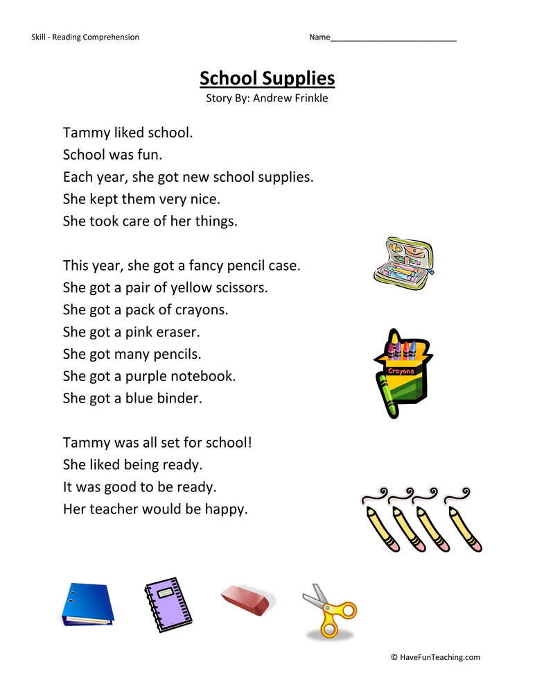 School Supplies Reading Comprehension Worksheet  