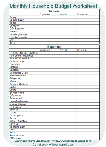 free home budget worksheets printable