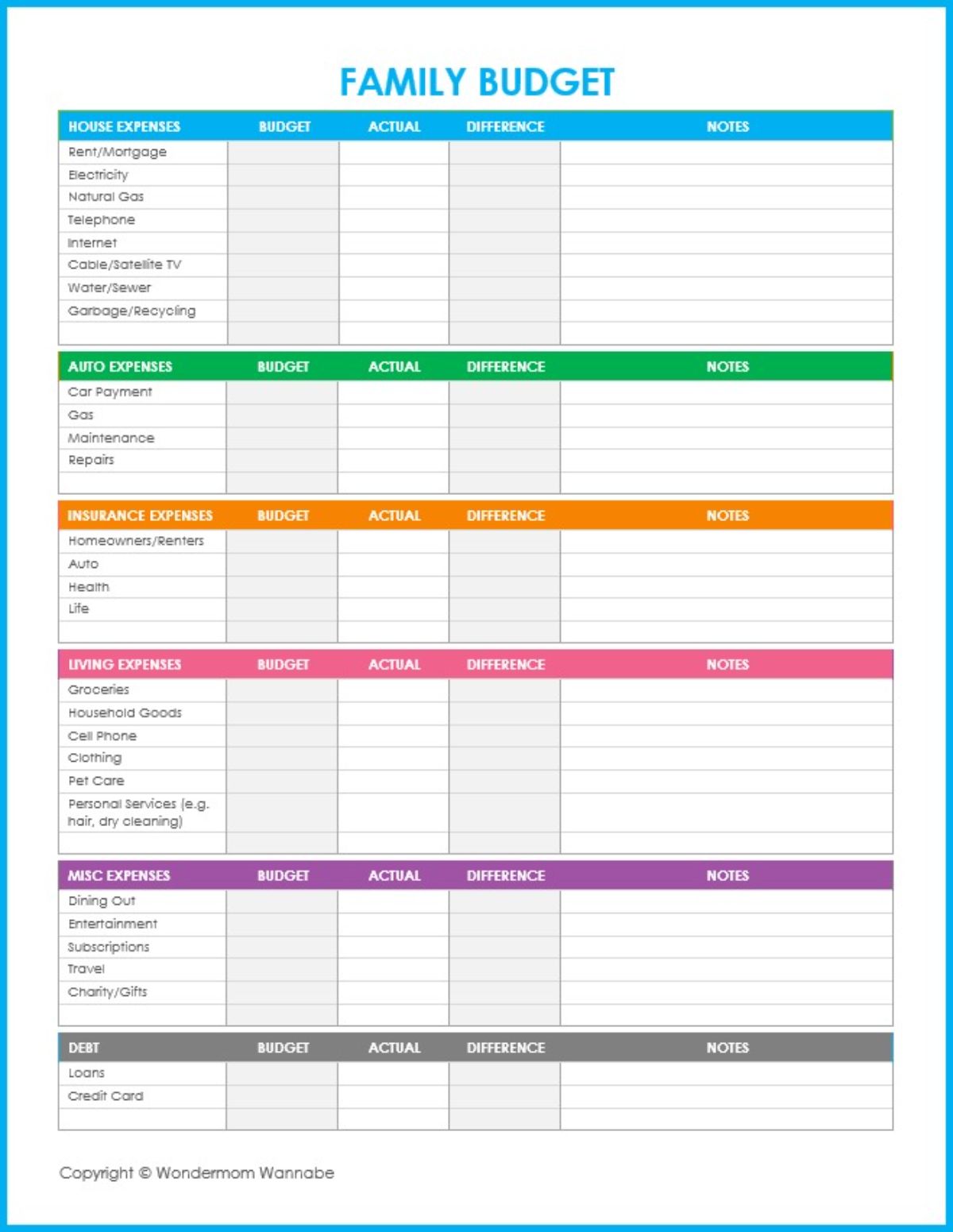 free home budget worksheets printable