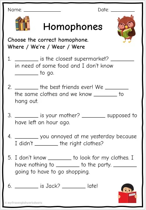 Homophone Worksheets - Where, Wear, Were, Were | English Worksheets