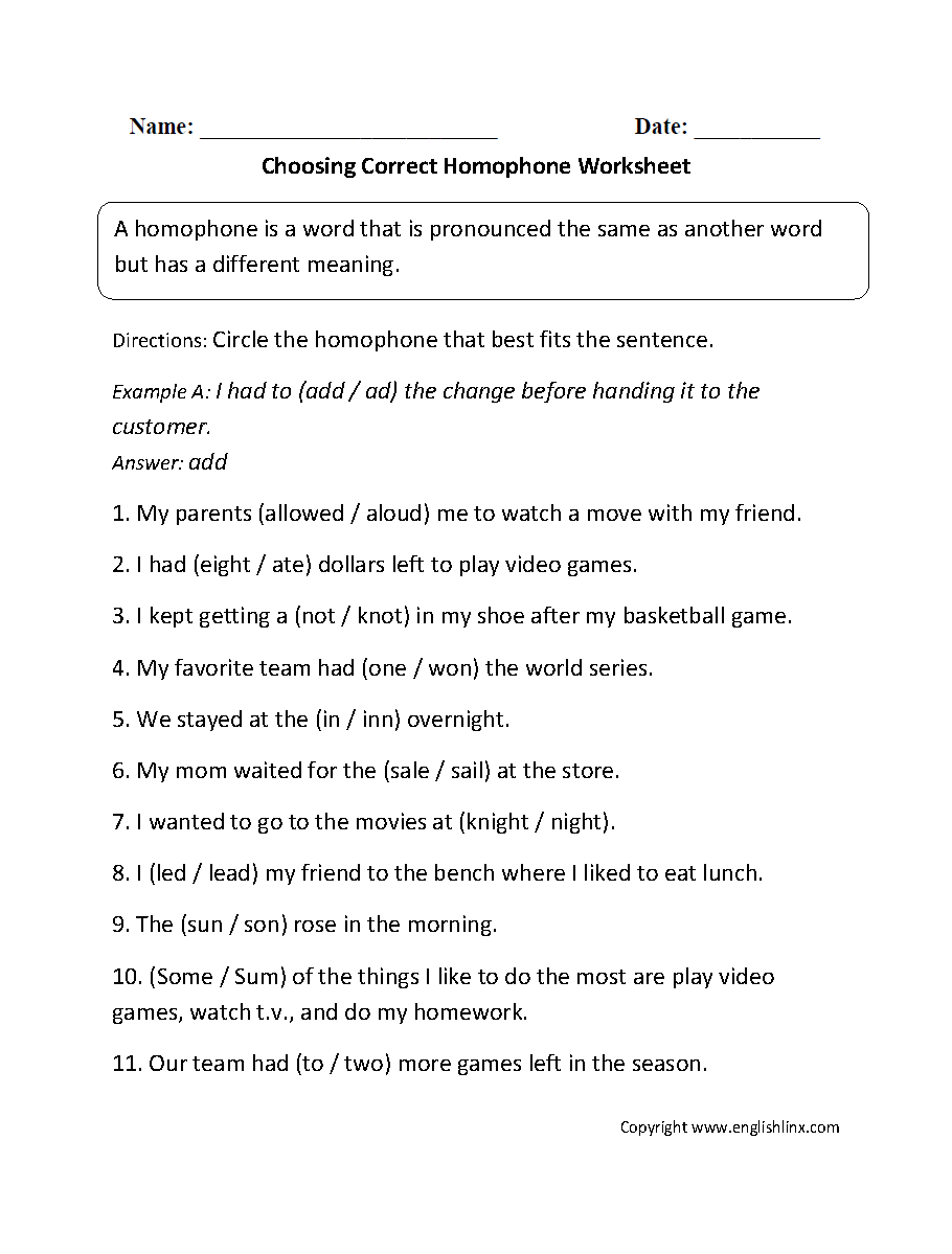 Vocabulary Worksheets | Homophone Worksheets