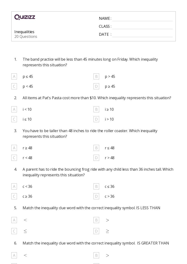 free inequalities worksheet