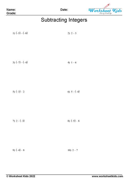Adding and Subtracting Integers Worksheets for Grades 6-8 - PDF