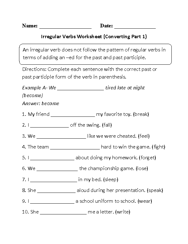 Verbs Worksheets | Irregular Verbs Worksheets