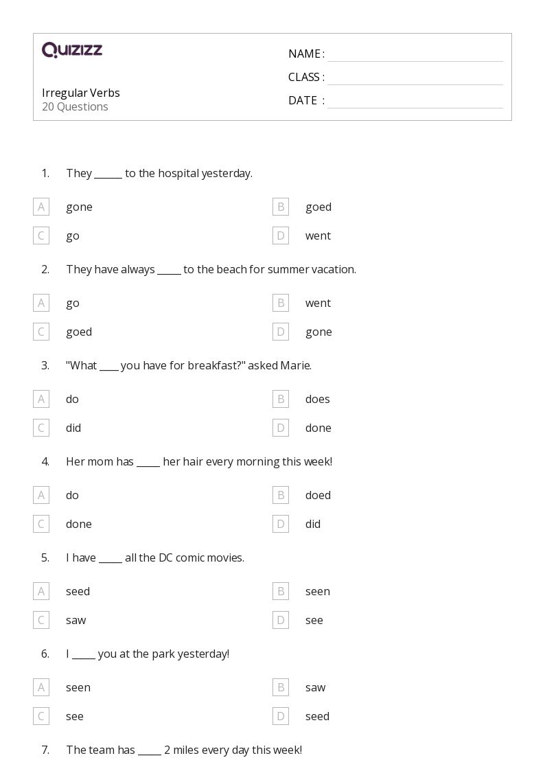 free irregular verbs worksheet
