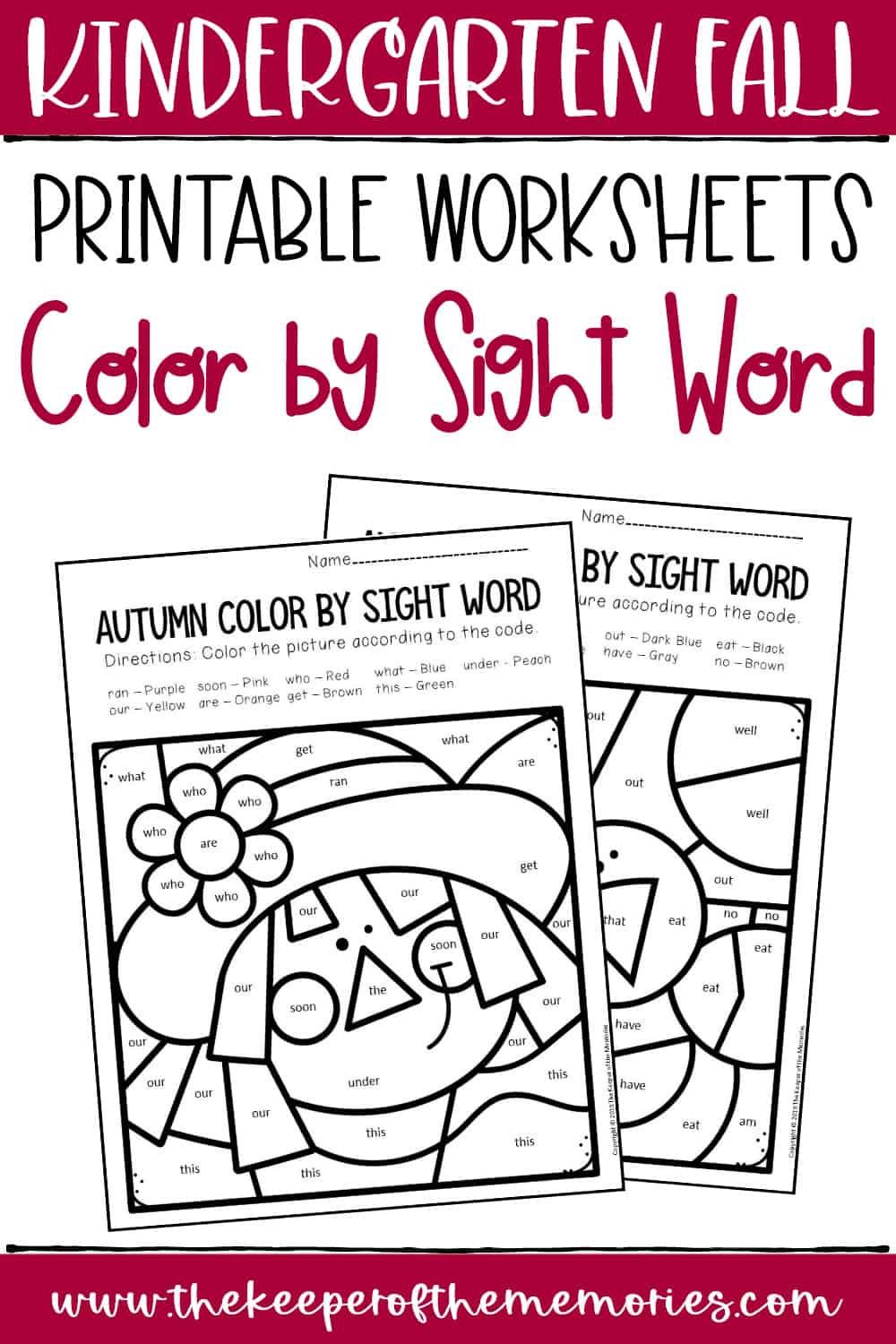 Color by Sight Word Fall Kindergarten Worksheets