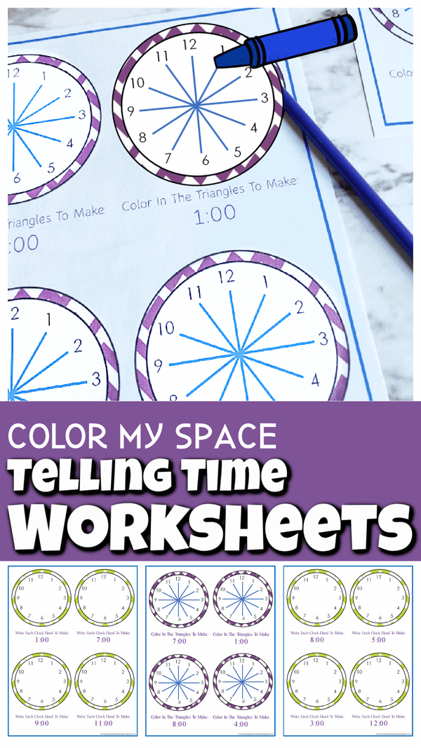 ? Color by Space - Clock Telling Time Kindergarten Worksheets