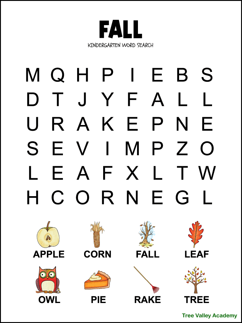 Fall Word Search for Kindergarten - Tree Valley Academy