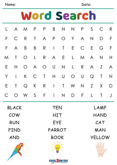 free kindergarten word searches