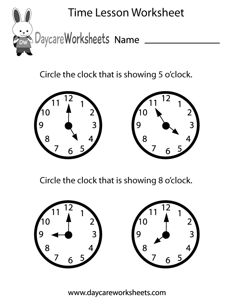 Free Printable Time Lesson Worksheet for Preschool