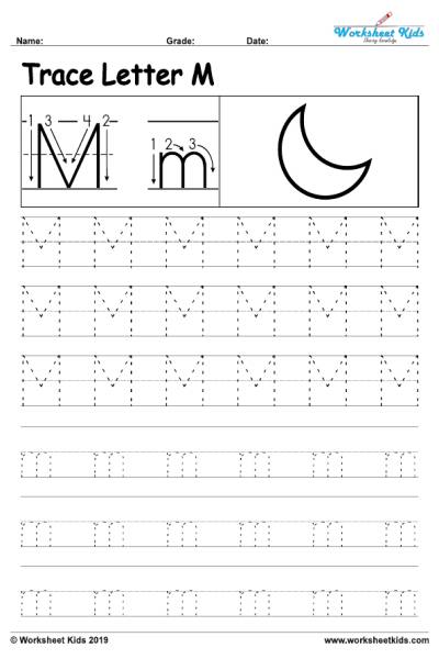 Letter M alphabet tracing worksheets - Free printable PDF
