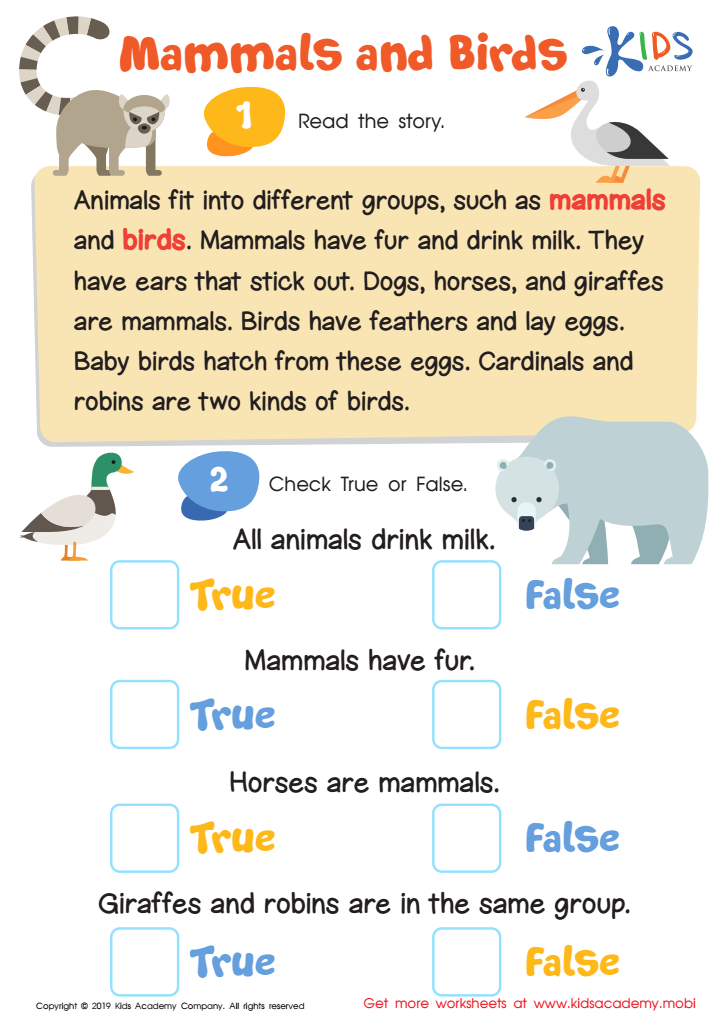 Mammals and Birds Worksheet for kids