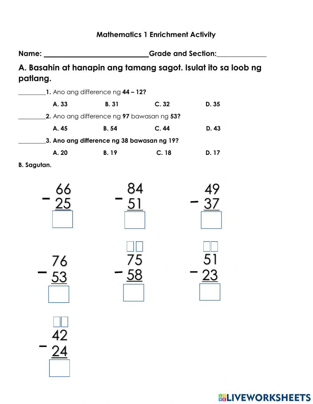 Math 1- Enrichment Activity worksheet  