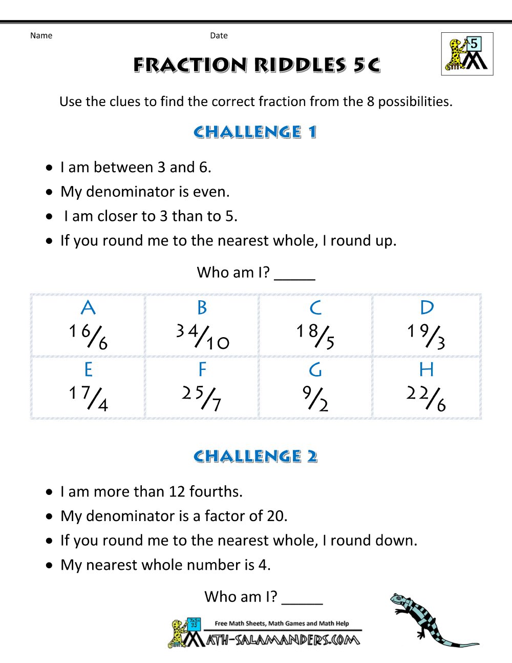 Free Printable Fraction Worksheets - Fraction Riddles (harder)
