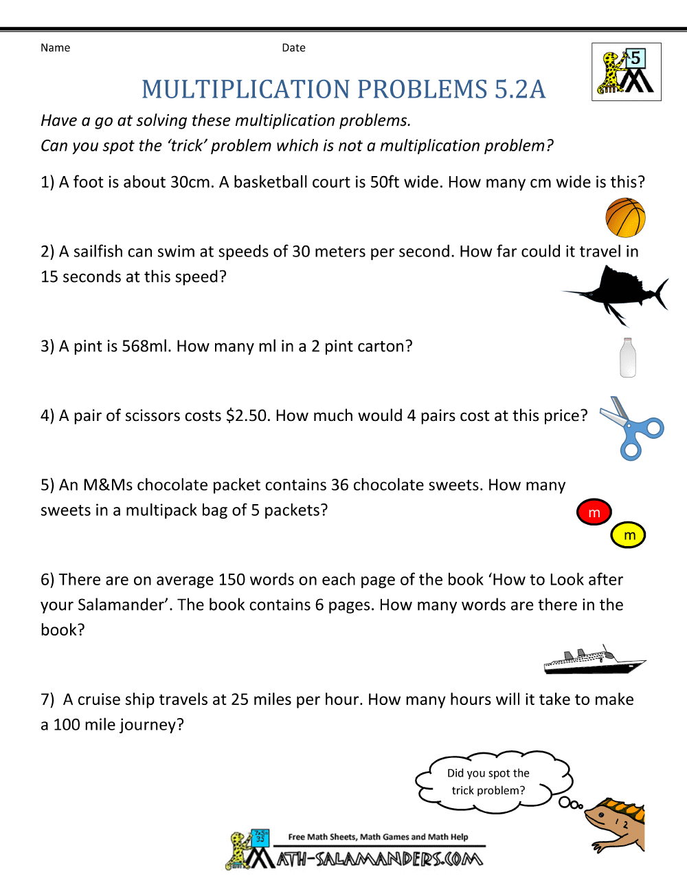free math worksheet for 5th grade word problems