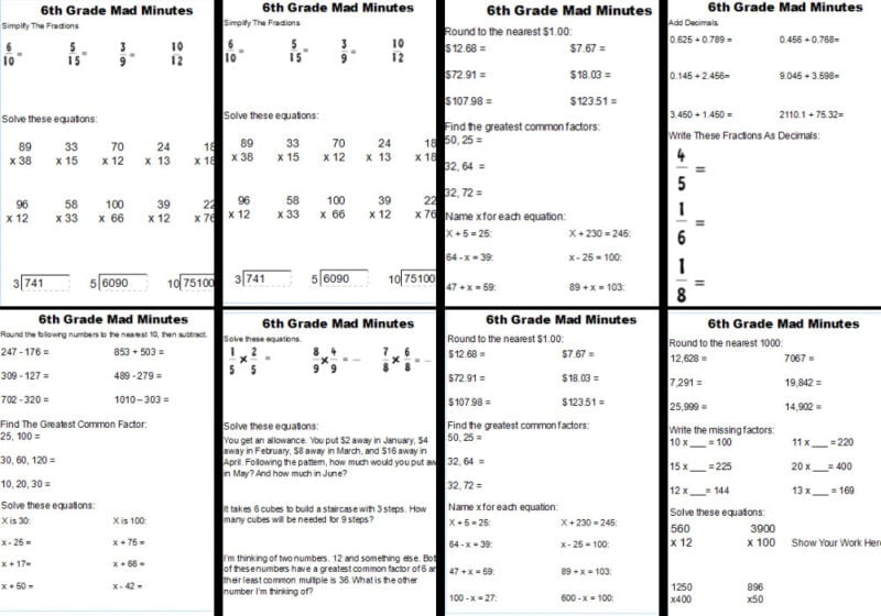 free math worksheet for 6th grade