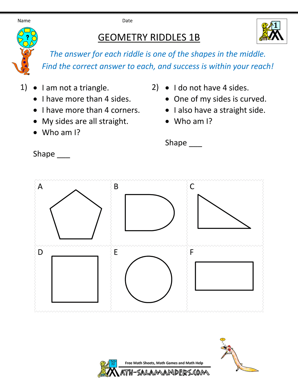 Printable Geometry Worksheets - Riddles