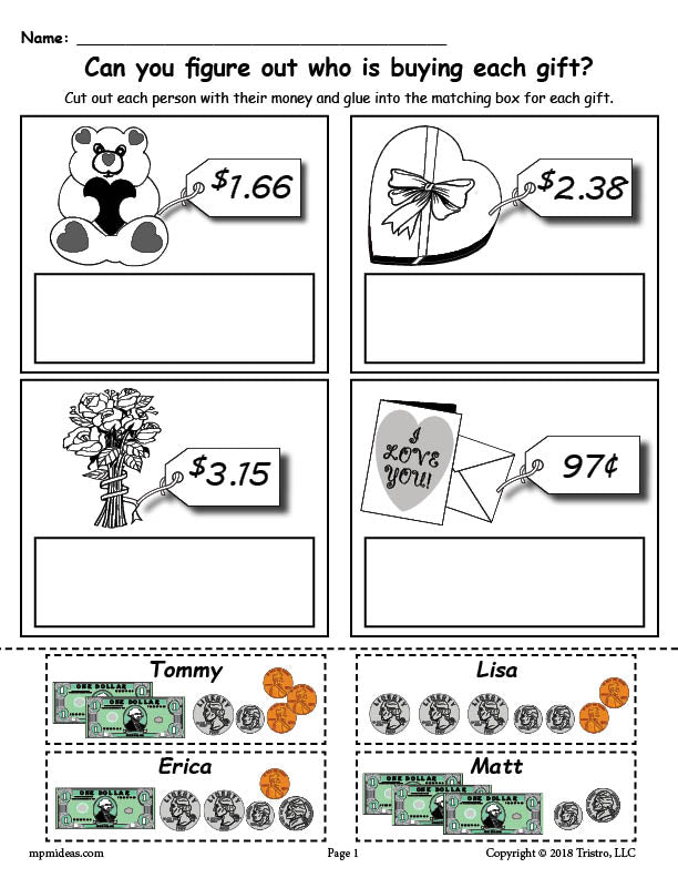 Printable Valentines Day Counting Money Worksheet