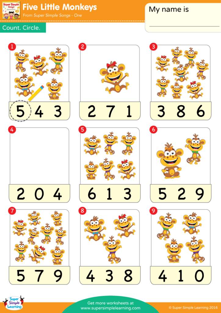 Five Little Monkeys Worksheet - Count &  Circle - Super Simple