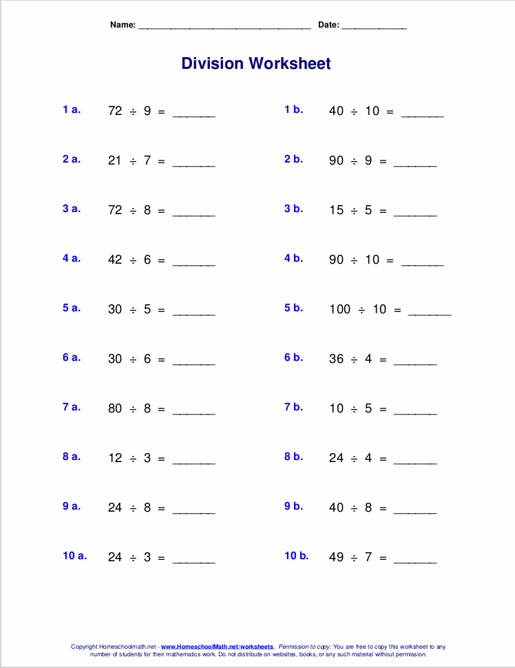 Worksheets for basic division facts (grades 3-4)