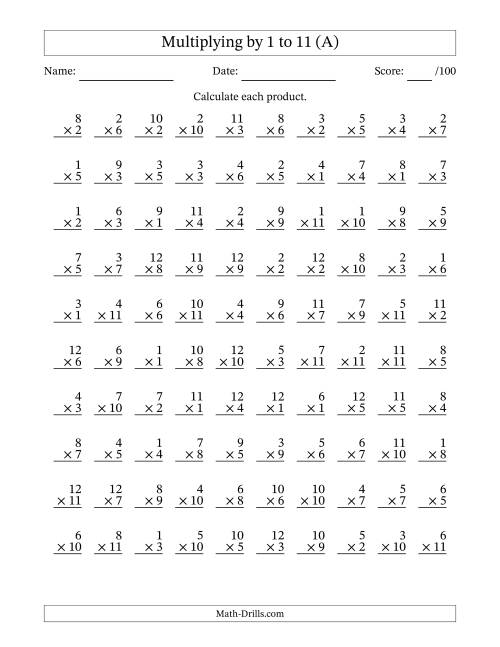 Multiplying (1 to 12) by 1 to 11 (100 Questions) (A)