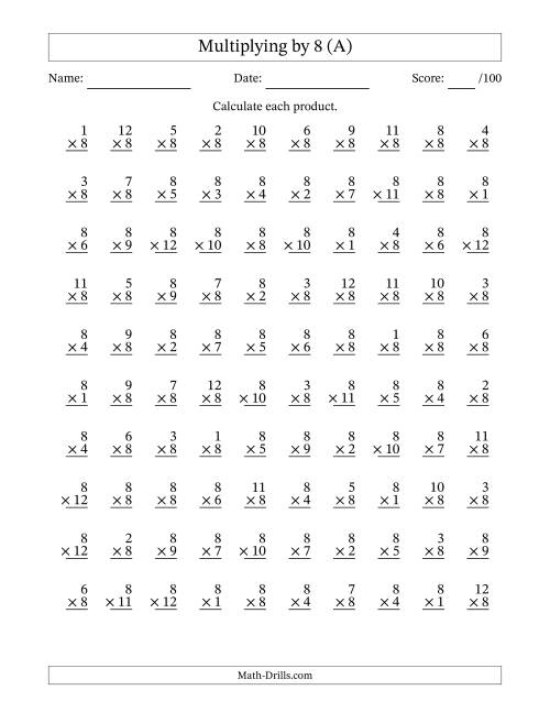 free multiplication worksheet by 8s