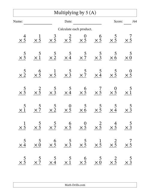 Multiplying (0 to 7) by 5 (64 Questions) (A)