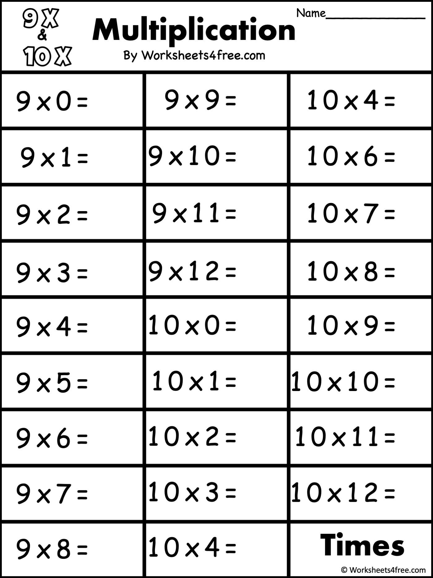 Free Multiplication Worksheet - 9s and 10s - Worksheets4Free