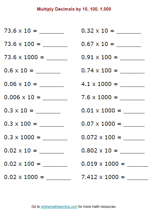 Multiply Decimals by 10, 100 or 1000 (worksheet, printable, online ...
