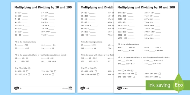 Multiplying and Dividing by 10 and 100 Worksheets - Twinkl