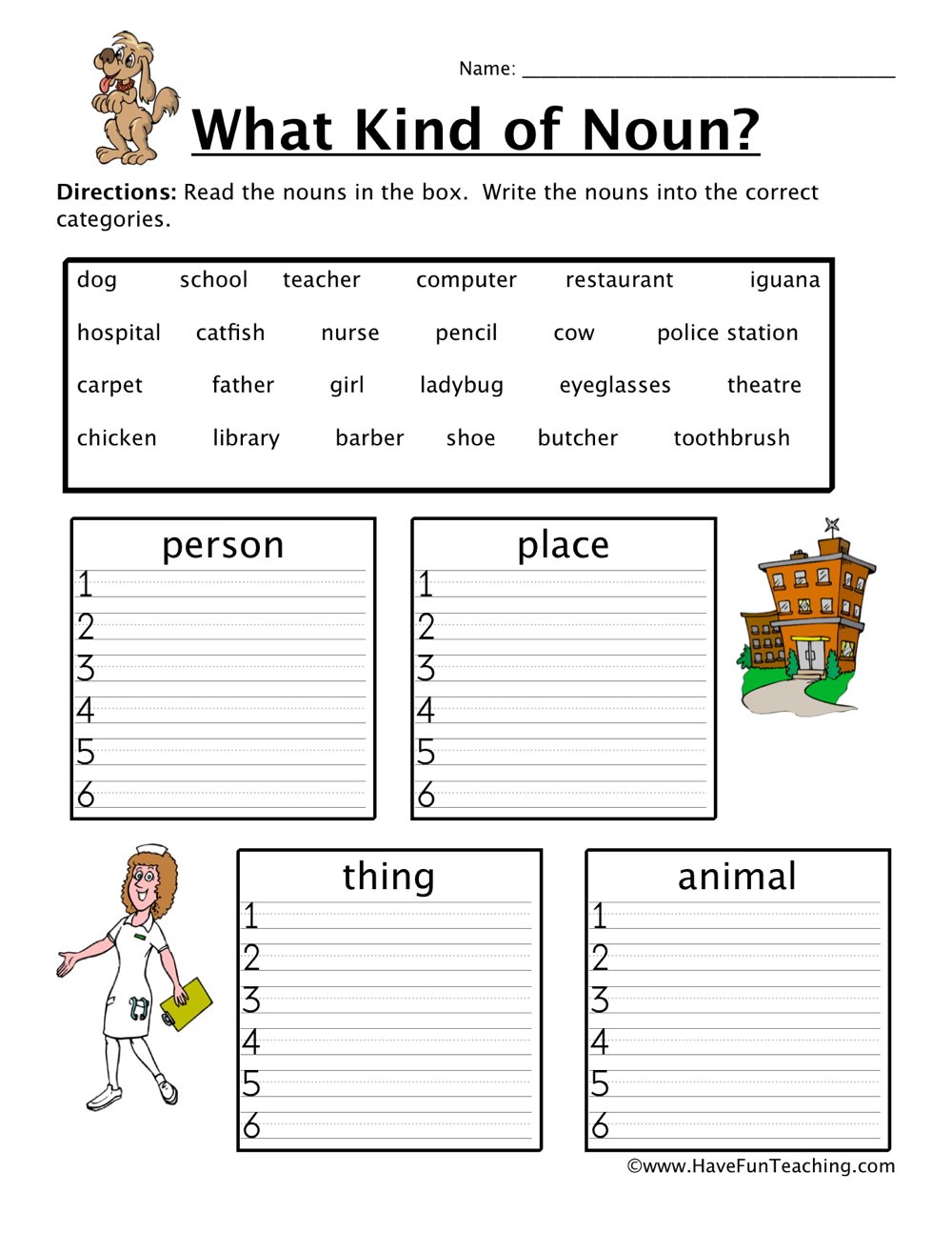Noun Sorting Worksheet by Teach Simple