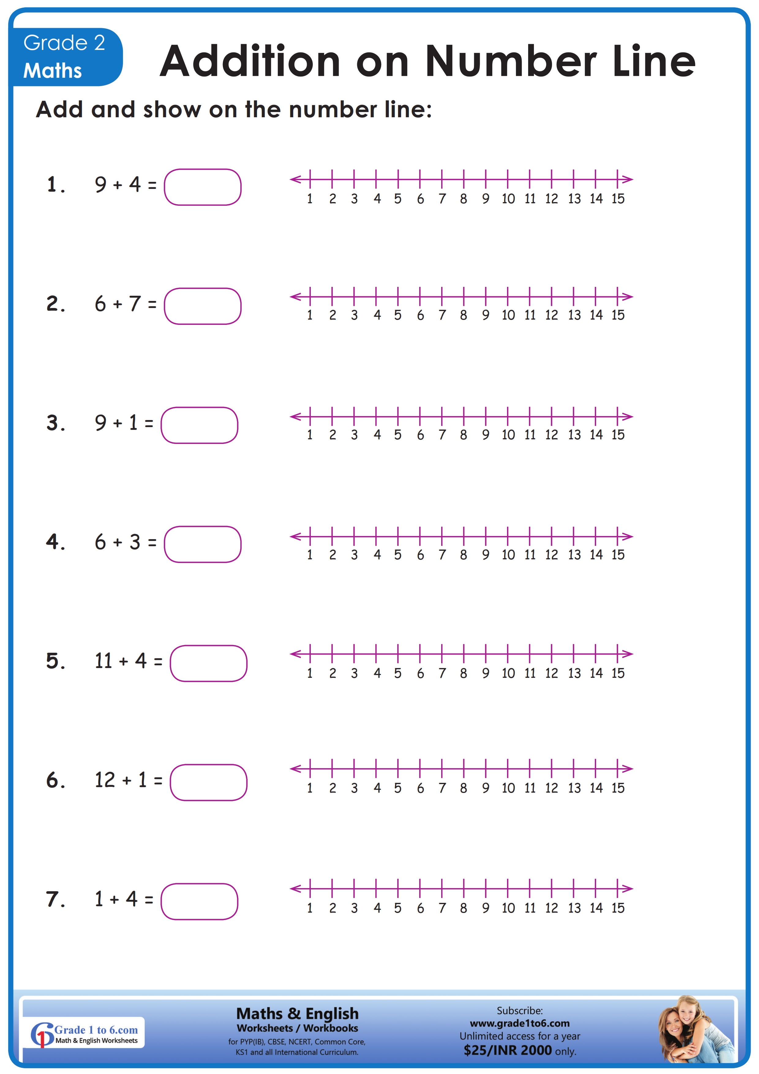 Addition on a Number Line Worksheet | Grade1to6.com