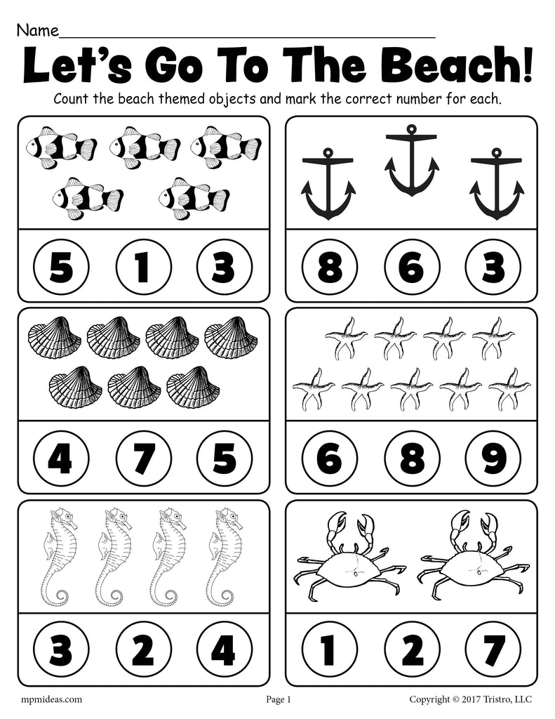 Beach Themed Preschool Counting Worksheet!
