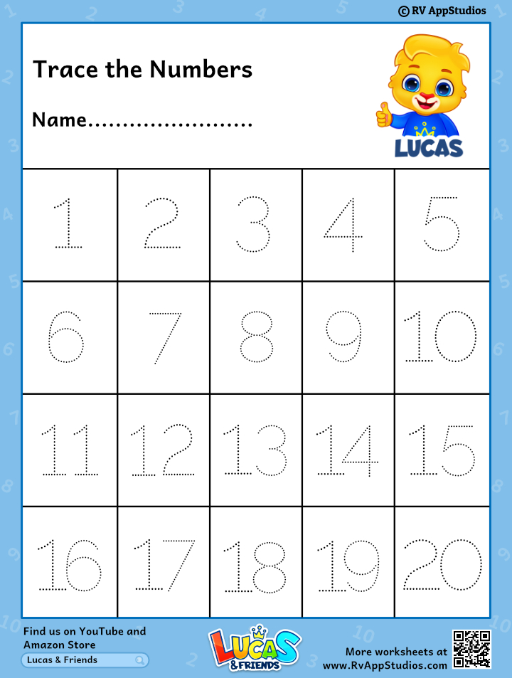 Free Printable Worksheets for Kids - Tracing Numbers 1-20 Worksheets