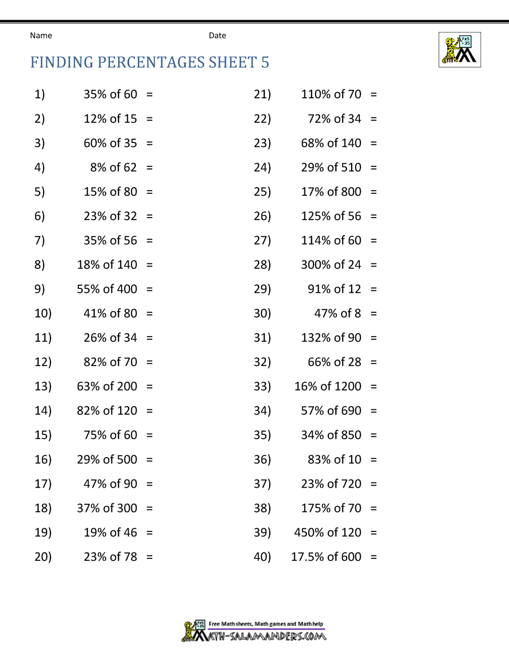 Finding Percentage Worksheets