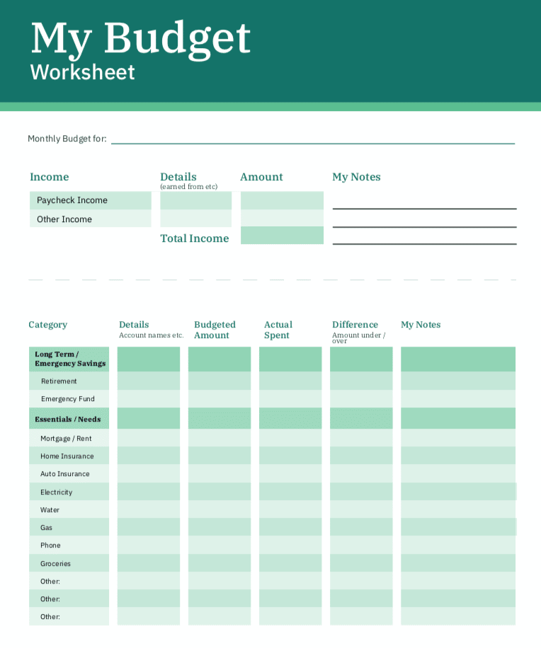free personal finance worksheet