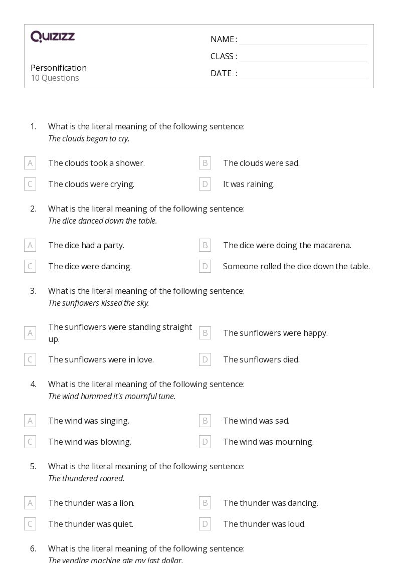50+ Personification worksheets for 3rd Grade on Quizizz | Free ...