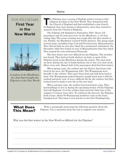 Thanksgiving Worksheets | The Pilgrims First Year in the New World