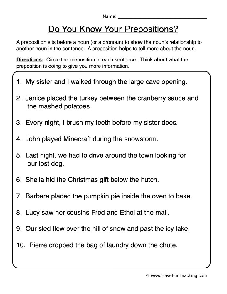 Find Prepositions Worksheet  