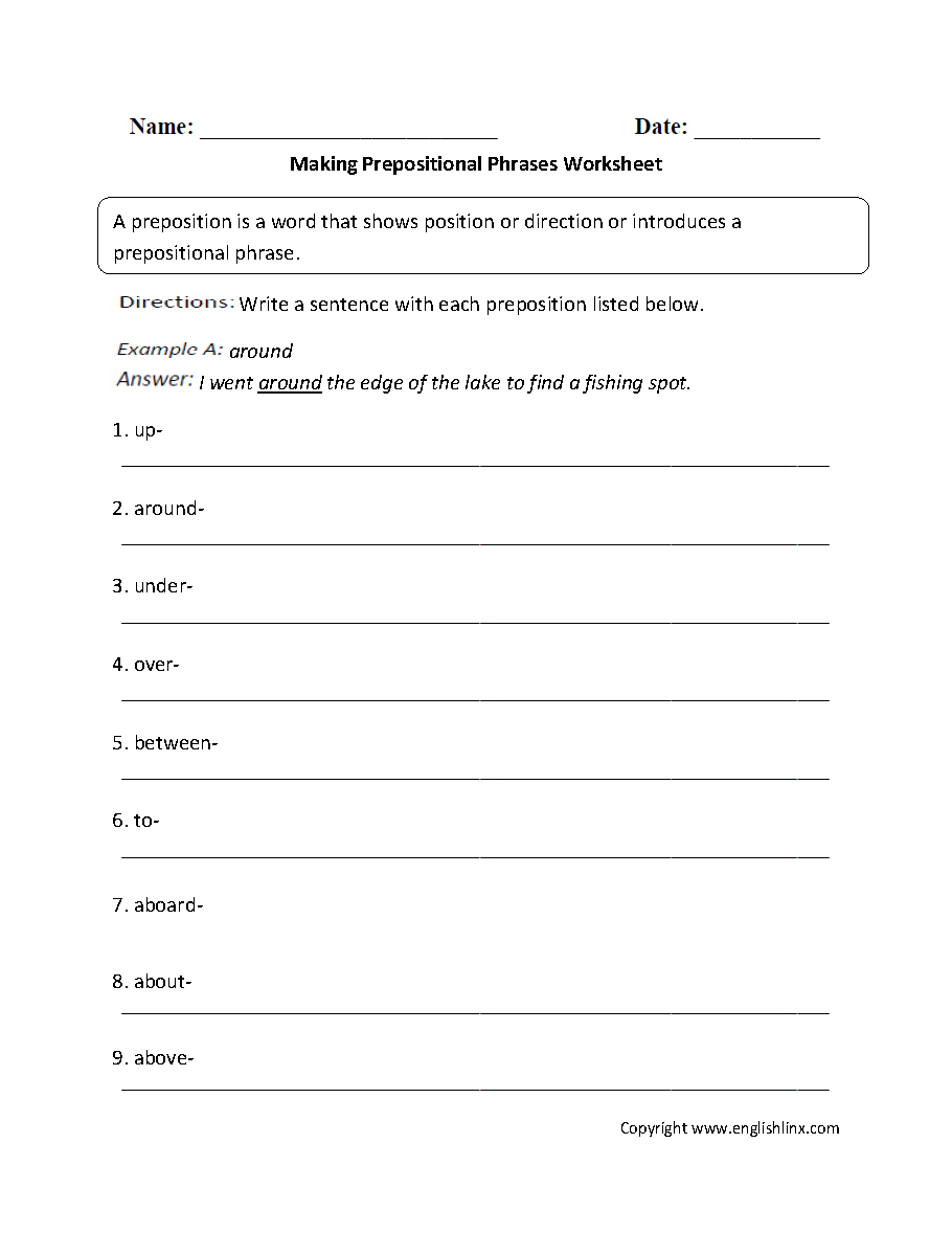 Parts of a Sentence Worksheets | Prepositional Phrase Worksheets